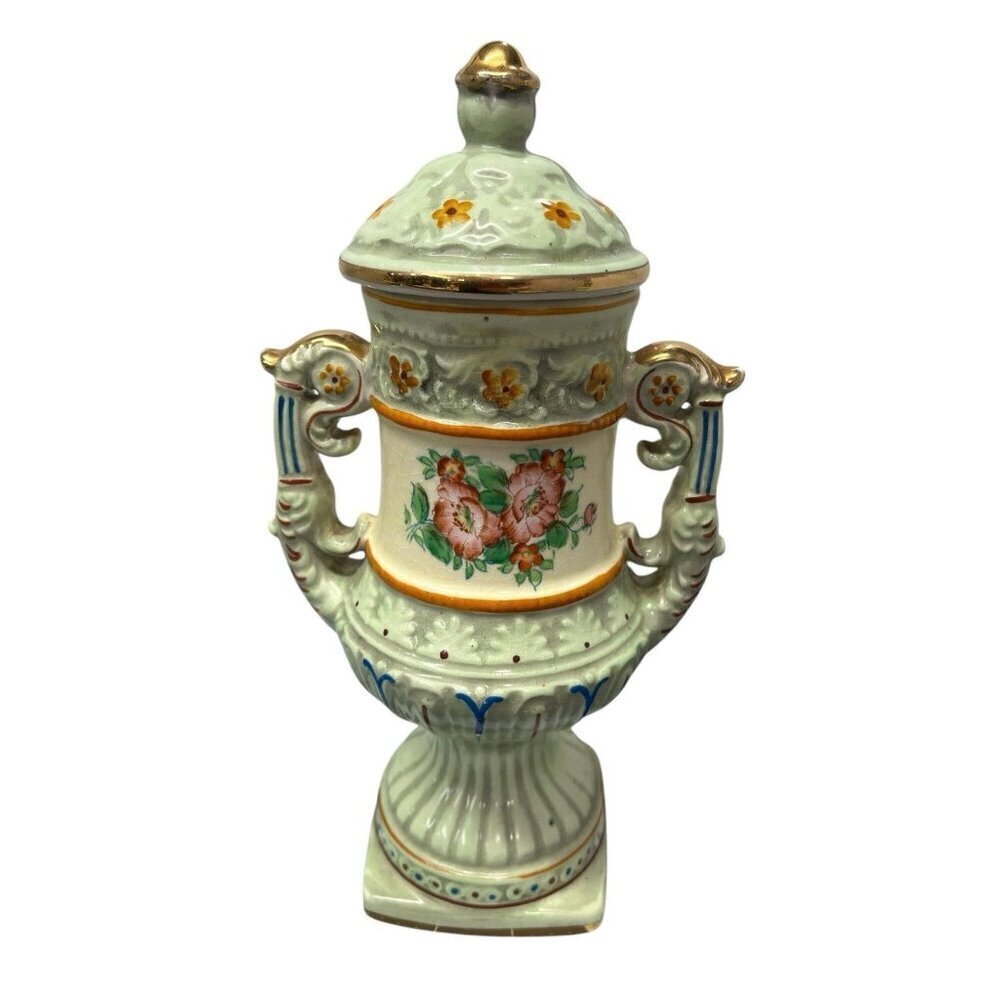 Vintage Hand Painted Japanese Urn & Lid 10" Tall Light Green with Floral Design - Picture 6 of 10